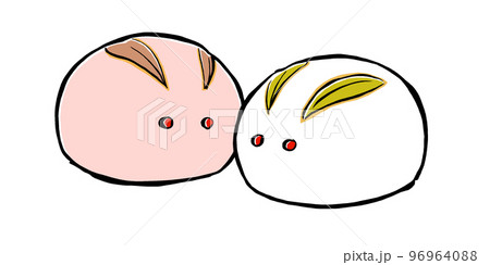 向かい合わせに置いた紅白のうさぎ饅頭　筆描き・マット塗り 96964088