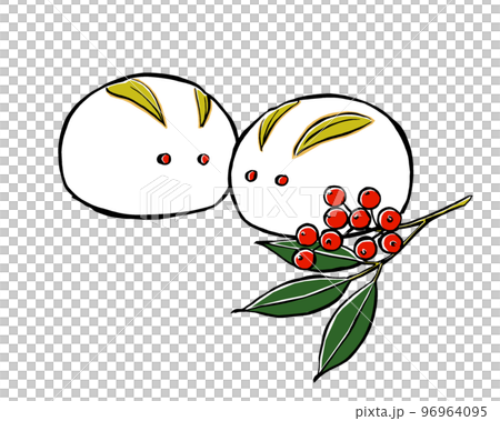 向かい合わせに置いたうさぎ饅頭と添えられた南天 筆描き・マット塗り 向かい合わせに置いたうさぎ饅頭と添えられた南天 筆描き・マット塗り 96964095