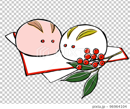 敷紙に向かい合わせに乗せた紅白のうさぎ饅頭と添えられた南天　筆描き・マット塗り 96964104
