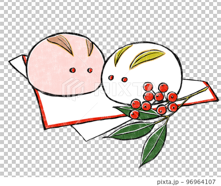 Red and white rabbit buns placed face-to-face on a sheet of paper and accompanied by Nanten (block print style) 96964107