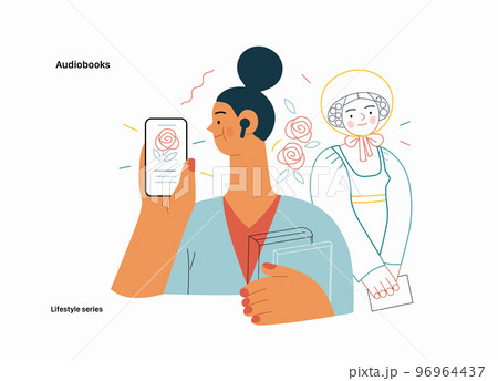 Lifestyle series - Audiobooks - modern flat vector illustration of a woman listening an audiobook with buds in the tablet application and a Victorian Era literary character. People activities concept Lifestyle series - Audiobooks - modern flat vector illustration of a woman listening an audiobook with buds in the tablet application and a Victorian Era literary character. People activities concept 96964437