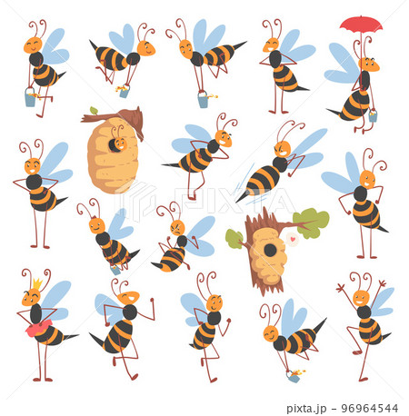 Funny Bee with Striped Body and Wings Busy Producing Honey Big Vector Set 96964544