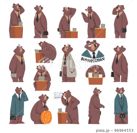 Bear Staff or Office Employee in Tie and Suit at Workspace Big Vector Set 96964553