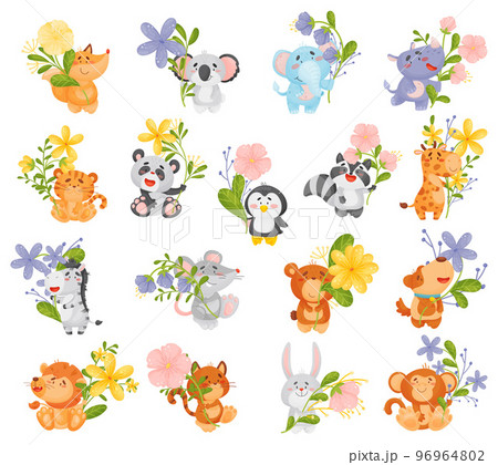 Cute Animals Holding Flower on Stalk with Their Paws Big Vector Set Cute Animals Holding Flower on Stalk with Their Paws Big Vector Set 96964802