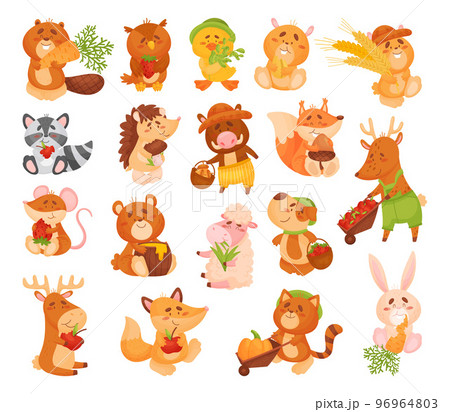 Cute Animal Character Engaged in Farming Harvesting Big Vector Set 96964803