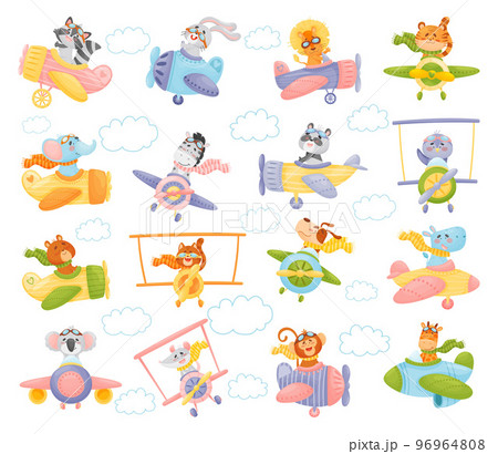 Collection of Cute Animals Pilots Flying on Retro Planes in the Sky Big Vector Set 96964808