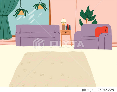 Vector illustration of a cozy living room interior with couches, plants, rug. Vector illustration 96965229