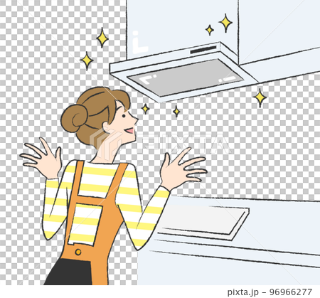 A woman impressed by a shiny and clean range hood 96966277