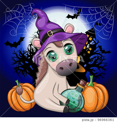 Cute donkey in purple witch hat, with broom, pumpkin, potion. Halloween card for the holiday. Cute donkey in purple witch hat, with broom, pumpkin, potion. Halloween card for the holiday. 96966361