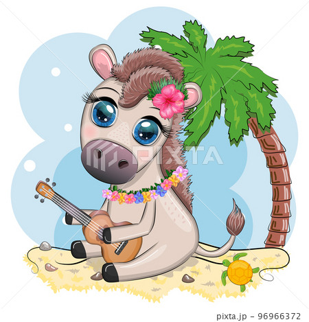 A cute donkey in a flower wreath with a guitar, a hula dancer from Hawaii. Summer card for the festival, travel banner 96966372