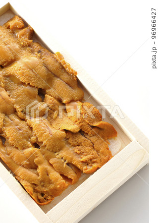 木箱に入ってる高級食材のウニを白背景で俯瞰撮影 96966427