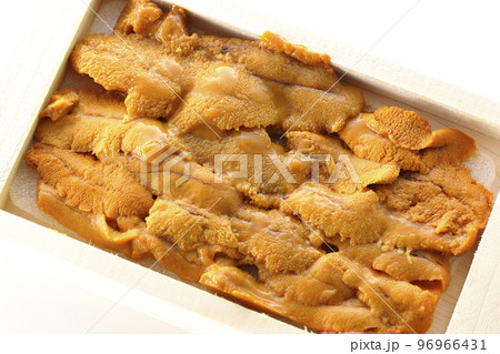 木箱に入ってる高級食材のウニを白背景で俯瞰撮影 96966431