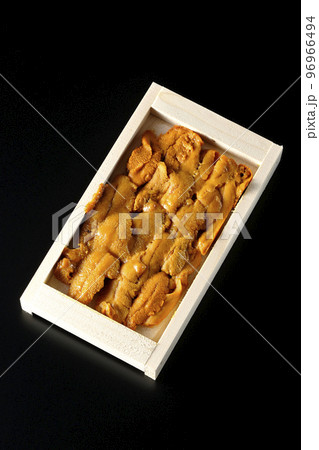 木箱に入ってる高級食材のウニを黒背景で俯瞰撮影 96966494