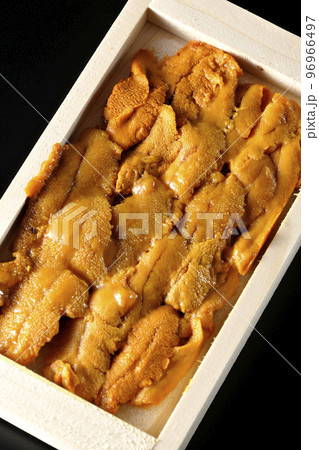 木箱に入ってる高級食材のウニを黒背景で俯瞰撮影 96966497