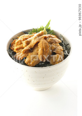 大葉と山葵も乗ってる生うに丼を白背景で撮影 大葉と山葵も乗ってる生うに丼を白背景で撮影 96967030