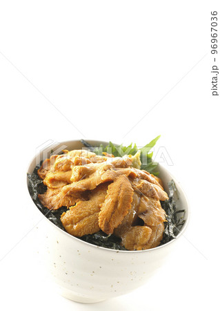 大葉と山葵も乗ってる生うに丼を白背景で撮影 96967036
