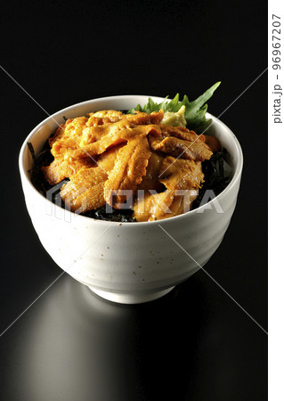 大葉と山葵も乗ってる生うに丼を黒背景で撮影 96967207