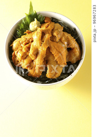 大葉と山葵も乗ってる生うに丼を俯瞰で撮影 大葉と山葵も乗ってる生うに丼を俯瞰で撮影 96967283