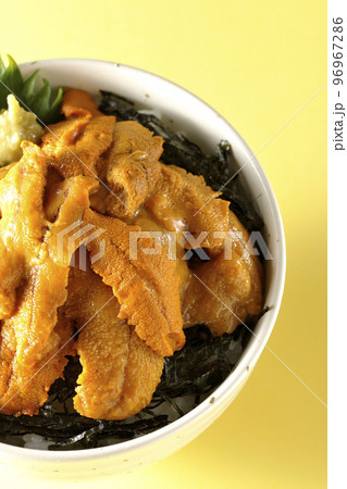 大葉と山葵も乗ってる生うに丼を俯瞰で撮影 96967286