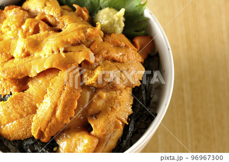 大葉と山葵も乗ってる生うに丼を俯瞰で撮影 96967300