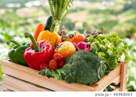 Wooden crate filled with fresh organic vegetables . 96968065