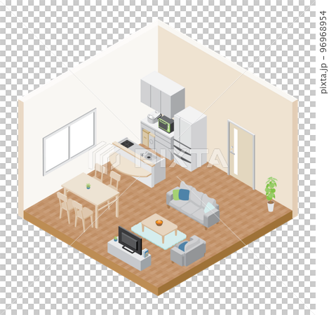 アイソメトリック_リビングの俯瞰イラスト アイソメトリック_リビングの俯瞰イラスト 96968954