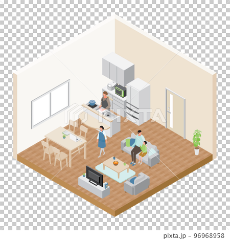 Isometric_A bird's-eye view illustration of a family relaxing in the living room Isometric_A bird's-eye view illustration of a family relaxing in the living room 96968958