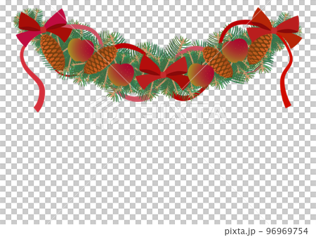 Christmas decoration with spruce branches, pine cones, apples and red ribbon Christmas decoration with spruce branches, pine cones, apples and red ribbon 96969754