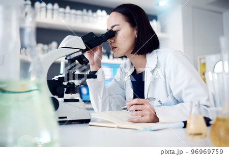 Science, microscope and writing with a doctor woman doing research in her laboratory for innovation. Healthcare, zoom and notebook with a female scientist working in a lab for medical development Science, microscope and writing with a doctor woman doing research in her laboratory for innovation. Healthcare, zoom and notebook with a female scientist working in a lab for medical development 96969759