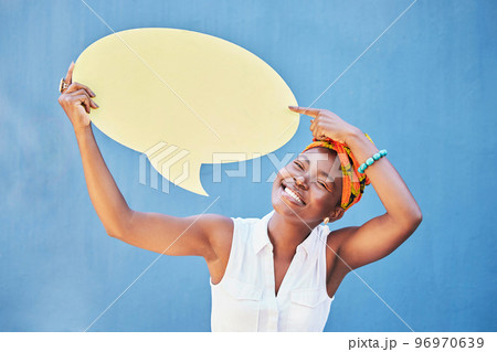 Speech bubble, smile or black woman with mock up for advertising, marketing or communication feedback with blue background. Happy, announcement sign or girl for brand vote, voice opinion or review Speech bubble, smile or black woman with mock up for advertising, marketing or communication feedback with blue background. Happy, announcement sign or girl for brand vote, voice opinion or review 96970639
