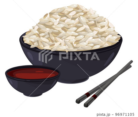 Asian food. Rice bowl with soy sauce and chopsticks Asian food. Rice bowl with soy sauce and chopsticks 96971105