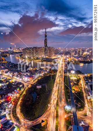 Aerial view Skyscrapers flying by drone of Ho Chi Minh City, Vietnam 96972691