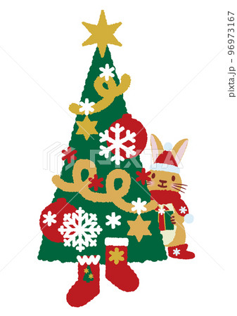 クリスマスツリーからひょっこり顔を出す、プレゼントを届けに来たウサギさん_クレヨンタッチ_ベクター 96973167