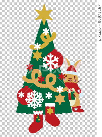 クリスマスツリーからひょっこり顔を出す、プレゼントを届けに来たウサギさん_クレヨンタッチ_ベクター 96973167