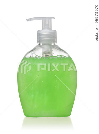 Front view of green liquid soap plastic bottle Front view of green liquid soap plastic bottle 96973970