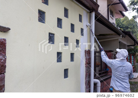 Painter worker adding undercoat foundation paint onto wall with roller at residential building in renovation 96974602
