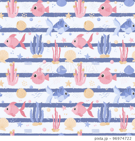 Seamless pattern with different fish, algae and shells. Cute ocean characters. Underwater Marine animals, algae, bubbles, seashells.Cartoon vector illustrations on a white background with blue stripes 96974722