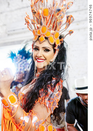 Samba dancer, party and rio de janeiro woman portrait happy about celebration and dancing. Talent, festival and mardi gras new year with music and smile about to perform carnival performance artist Samba dancer, party and rio de janeiro woman portrait happy about celebration and dancing. Talent, festival and mardi gras new year with music and smile about to perform carnival performance artist 96974746