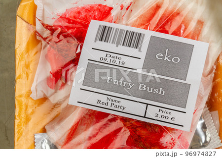 Close up of label on a bloody plastic pack. Waste sorting concept. Close up of label on a bloody plastic pack. Waste sorting concept. 96974827