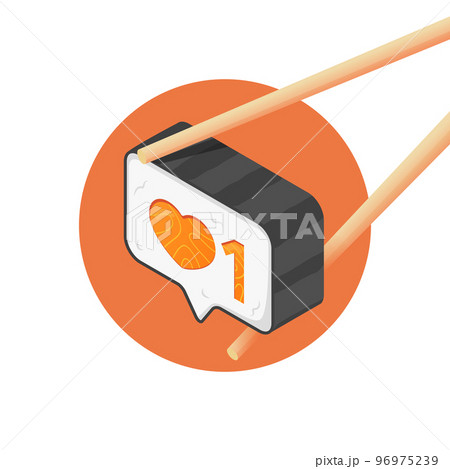 Maki roll with heart symbol inside. Social media concept with sign like. Chopsticks hold sushi. Media content to grab like from social audience 96975239
