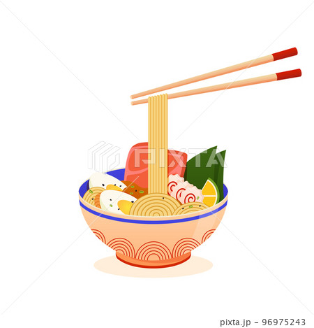 Tonkotsu ramen soup bowl with noodles, nori, sliced braised pork, boiled eggs. Japanese noodles Chashu slice ramen bowl with chopsticks. Asian traditional cuisine 96975243