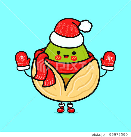 Funny smiling happy pistachio and christmas hat. Vector flat cartoon character illustration icon design. Isolated on blue background Funny smiling happy pistachio and christmas hat. Vector flat cartoon character illustration icon design. Isolated on blue background 96975590