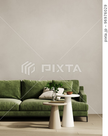 Contemporary minimalist interior with green sofa, coffee table and decor. 3d render illustration mockup 96976029