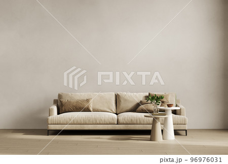 Front view on bright beige living room interior with sofa, coffee table and empty wall, 3d rendering 96976031