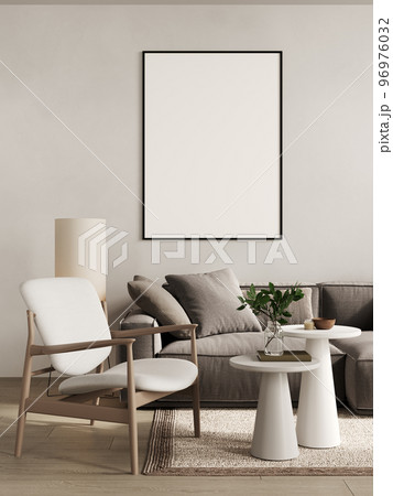 Big frame mockup in stylish beige interior space, 3d rendering Big frame mockup in stylish beige interior space, 3d rendering 96976032