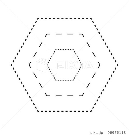 Tracing hexagon shape symbol, dashed and dotted broken line element for preschool, kindergarten and Montessori kids prewriting, drawing and cutting practice activities in vector illustration 96976118