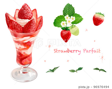 ストロベリー生クリームのいちごパフェとミントのイラストセット ストロベリー生クリームのいちごパフェとミントのイラストセット 96976494
