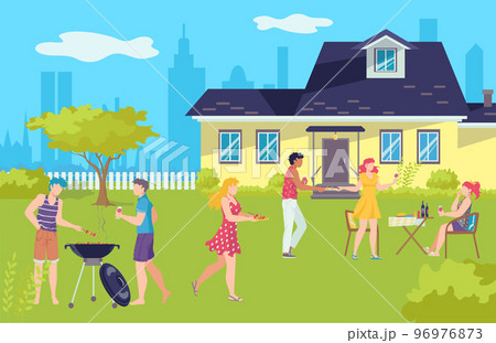 Barbecue picnic in summer, grill bbq holidays vector illustration. Barbeque on vacation, happy people outdoor, group of friends. Barbecue picnic in summer, grill bbq holidays vector illustration. Barbeque on vacation, happy people outdoor, group of friends. 96976873