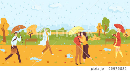 People walking under umbrellas in autumn raining park flat vector illustration. Fall season nature and outdoor activities. Autumn trees. 96976882