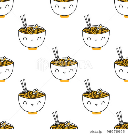 Korean food pattern. Pattern bowls japanese cute noodlles. Vector background, wrapping paper, fabric in cartoon style 96976996